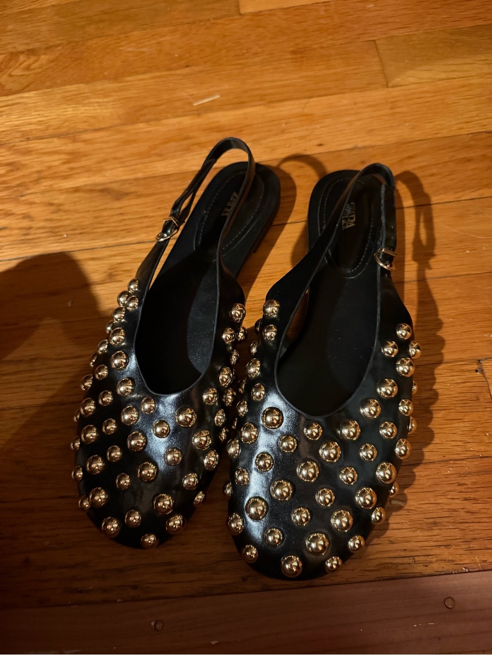 Black Studded Slingback Flats with Gold Accents